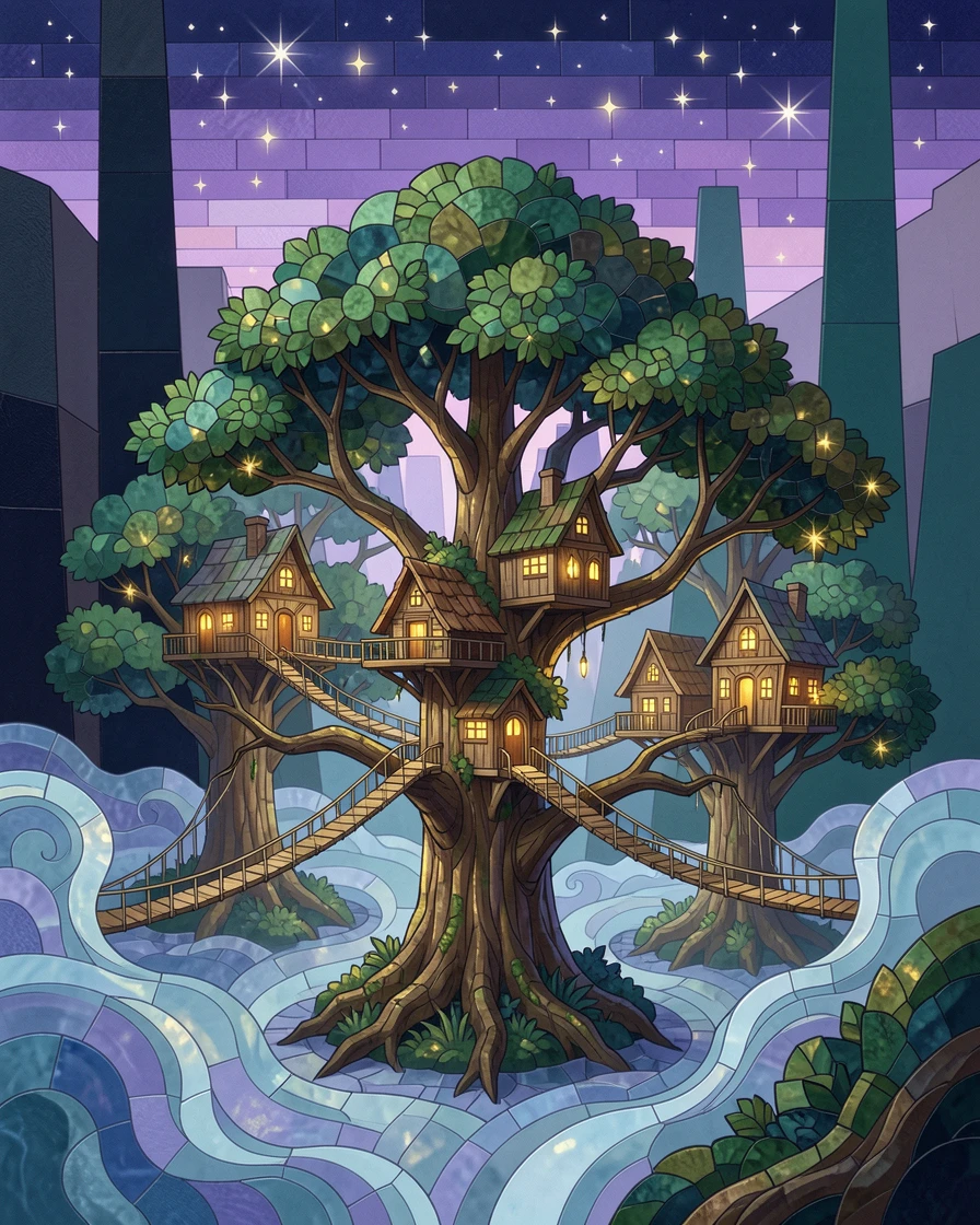 An epic fantasy scene of a fantasy treehouse village connected by rope bridges in a glowing forest, with swirling mist and glowing highlights.