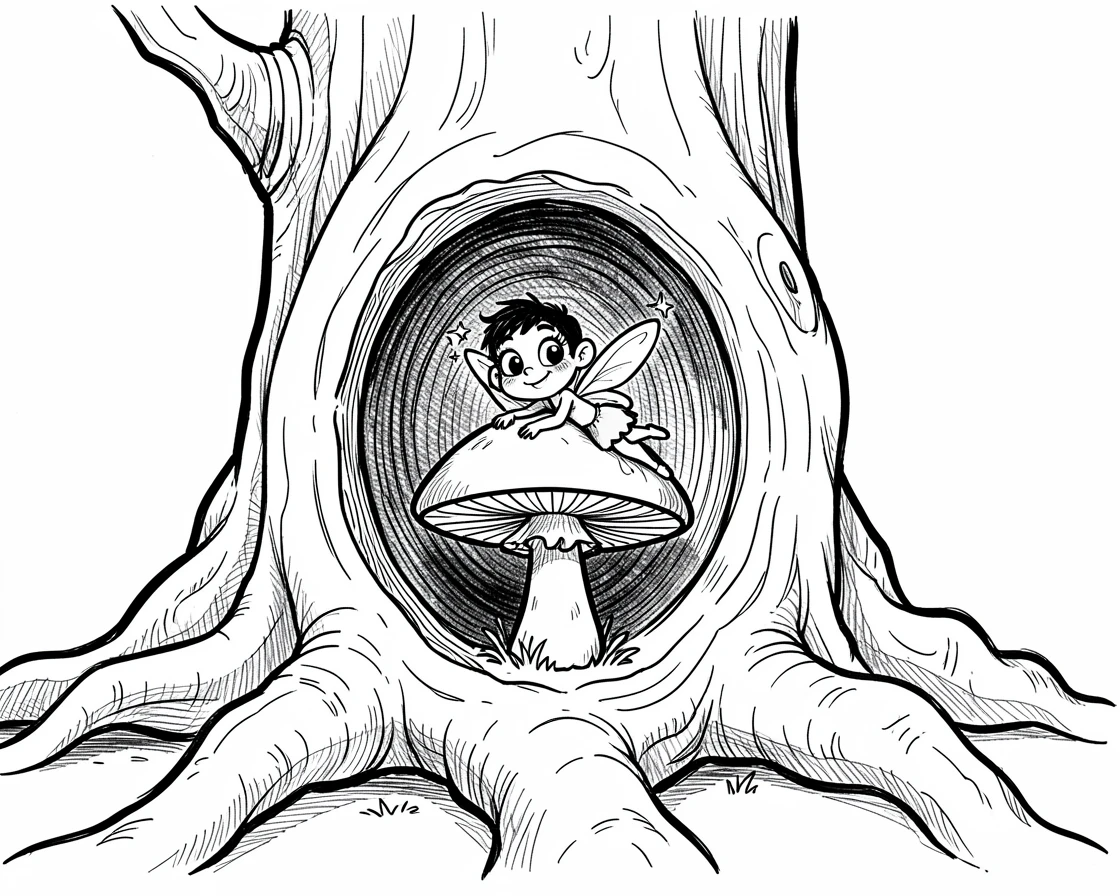 A tiny fairy resting on a mushroom inside a hollowed-out giant tree.