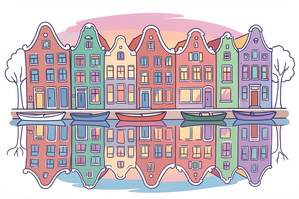 The colorful canal houses of Amsterdam reflected in still water at dusk.