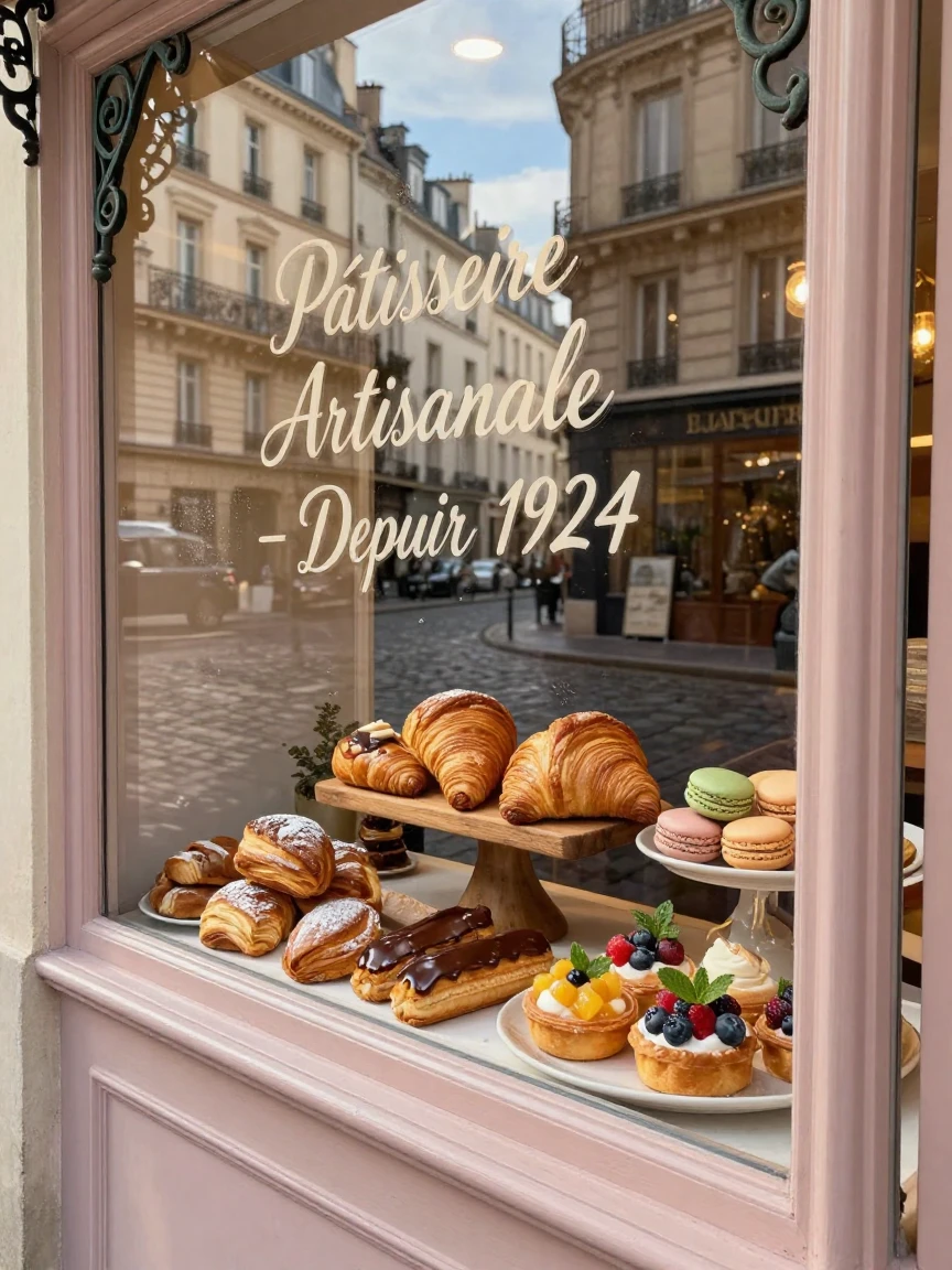 A charming Parisian bakery window filled with pastries