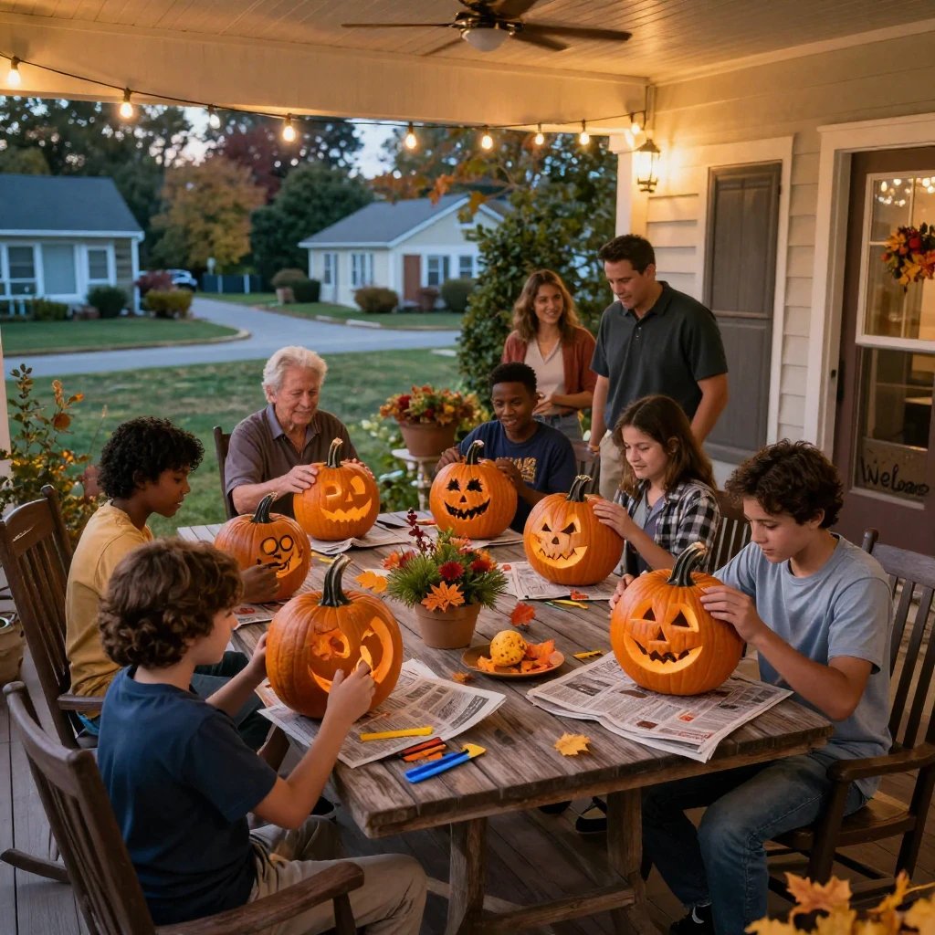 A community gathers to carve elaborate pumpkins on a porch lit with string lights.