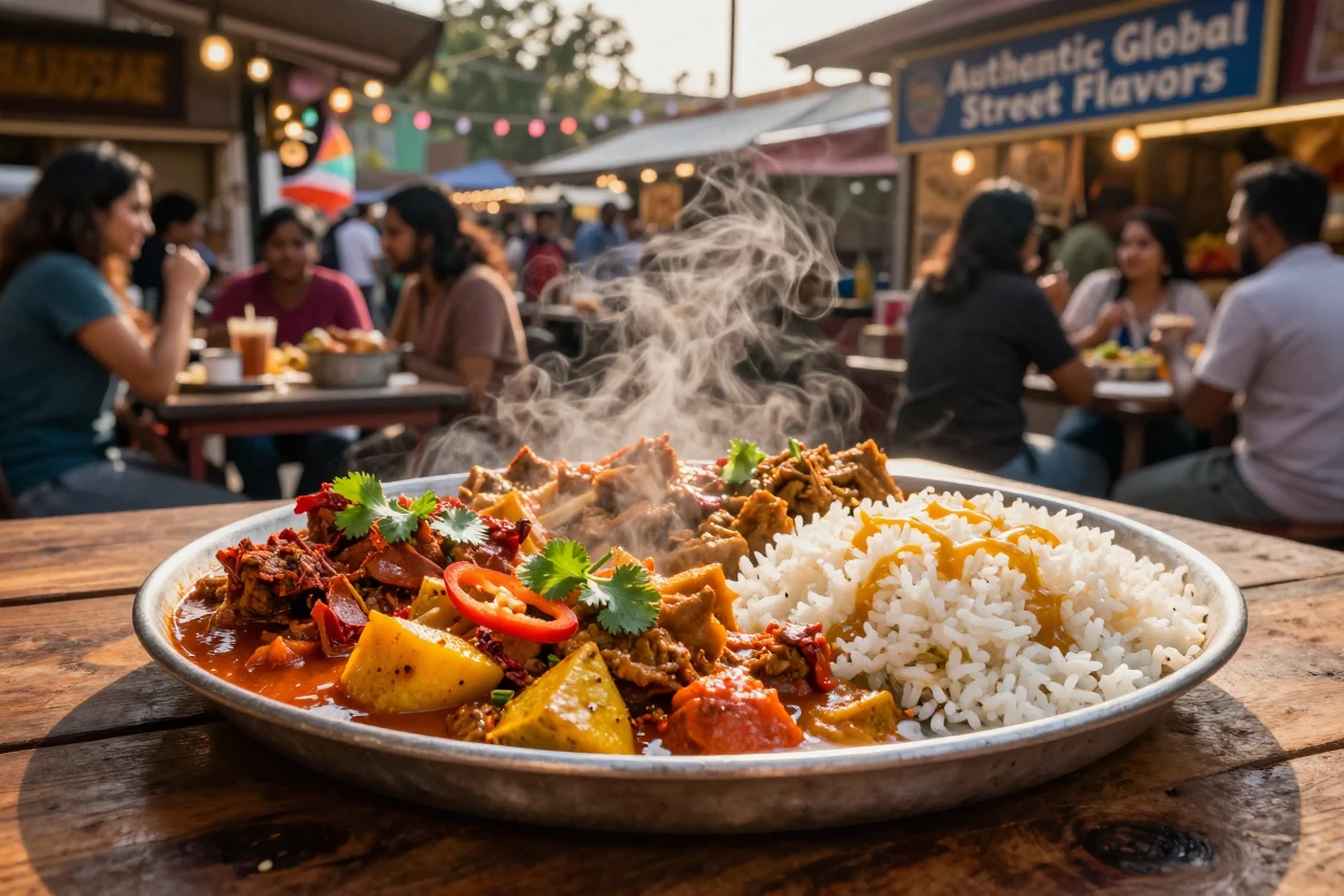 A tray of colorful spiced curries and fluffy rice, ready to be shared, at a lively street food stall