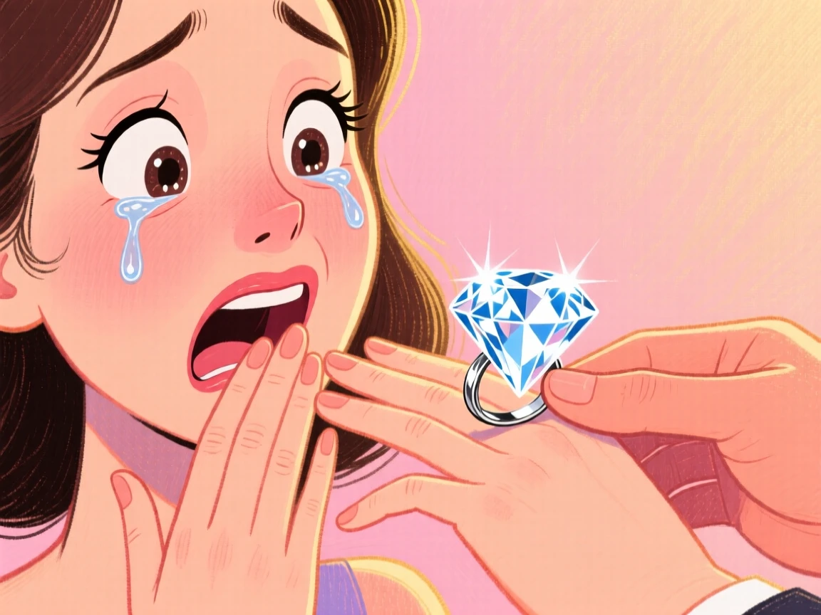 A woman receiving a diamond ring, hand over her mouth in tearful surprise.