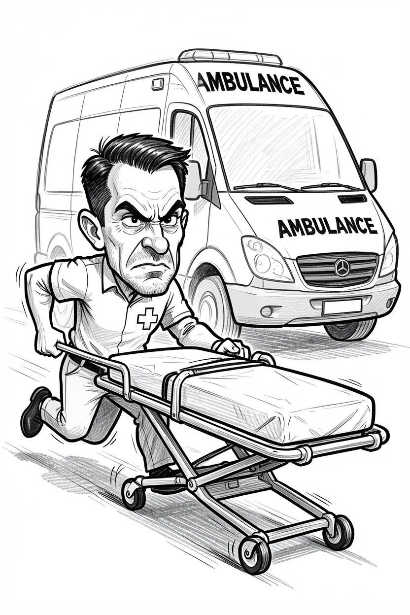[Occupations & Hobbies] Detailed scene of a dedicated paramedic rushing a stretcher toward an ambulance, showcasing skill and dedication