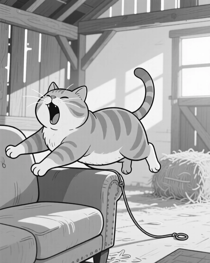 A chubby orange tabby cat mid-yawn, stretching so hard it nearly falls off the couch, set in a sunlit barn stall. A tiny leash trails uselessly behind. It's an irresistibly charming slice of animal personality.