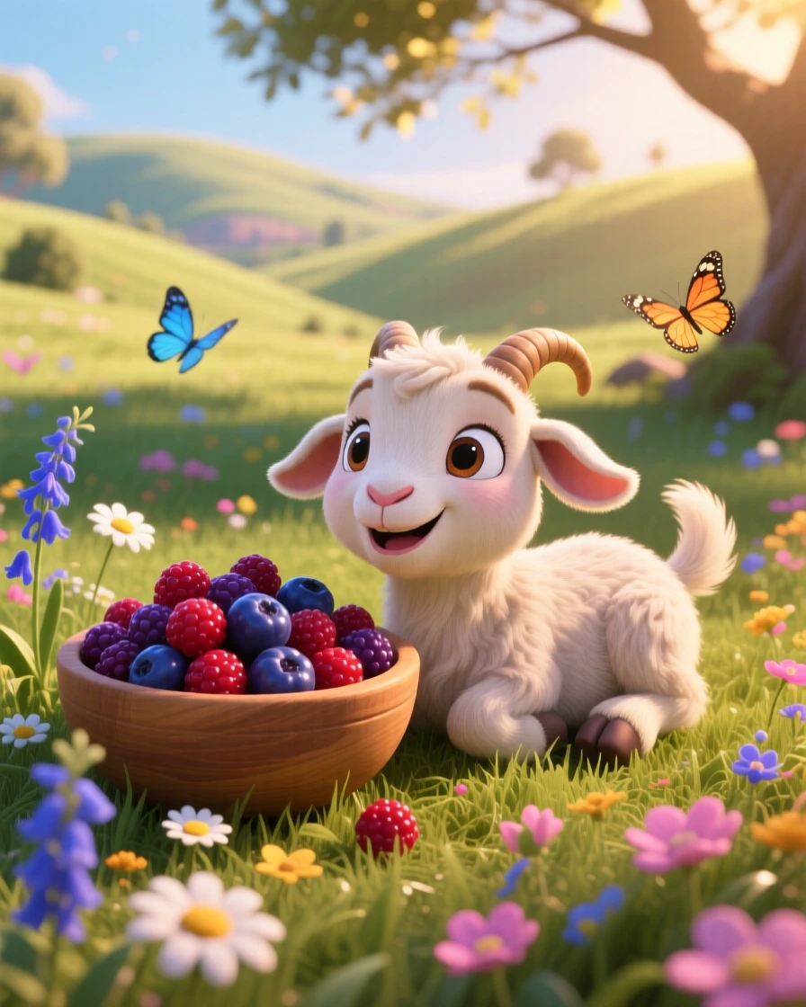 A baby goat is resting beside a bowl of berries, wagging its tail happily. Playful joy radiates from the small creature, with a scattering of small flowers around it.