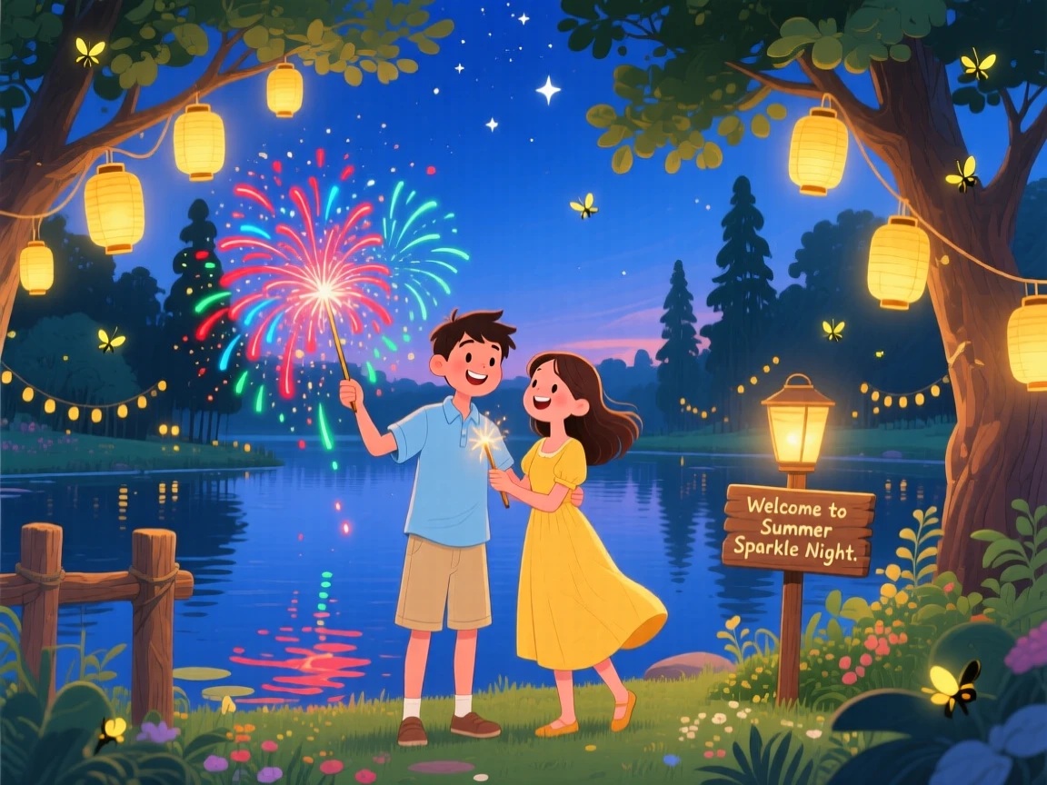 A young couple spend the evening lighting fireworks over a summer lake in a lantern-strung garden, as golden lanterns glow warmly.