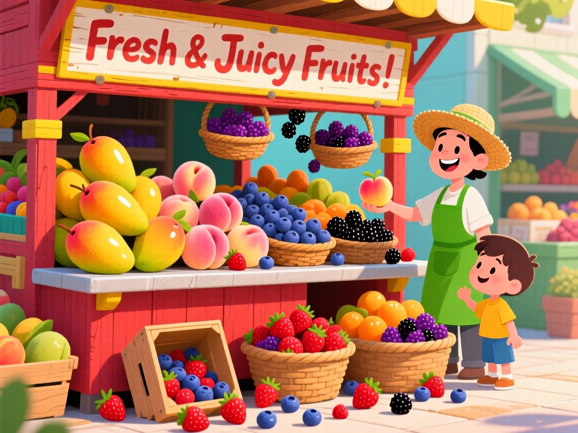 A fruit stand overflowing with mangoes, peaches, and berries.