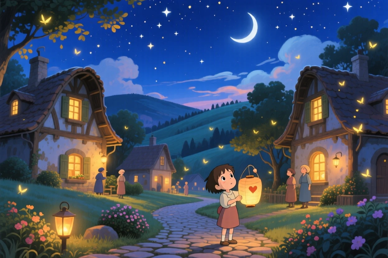 A nighttime scene of a village illuminated by warm window lights beneath a starry sky, quietly enchanting.