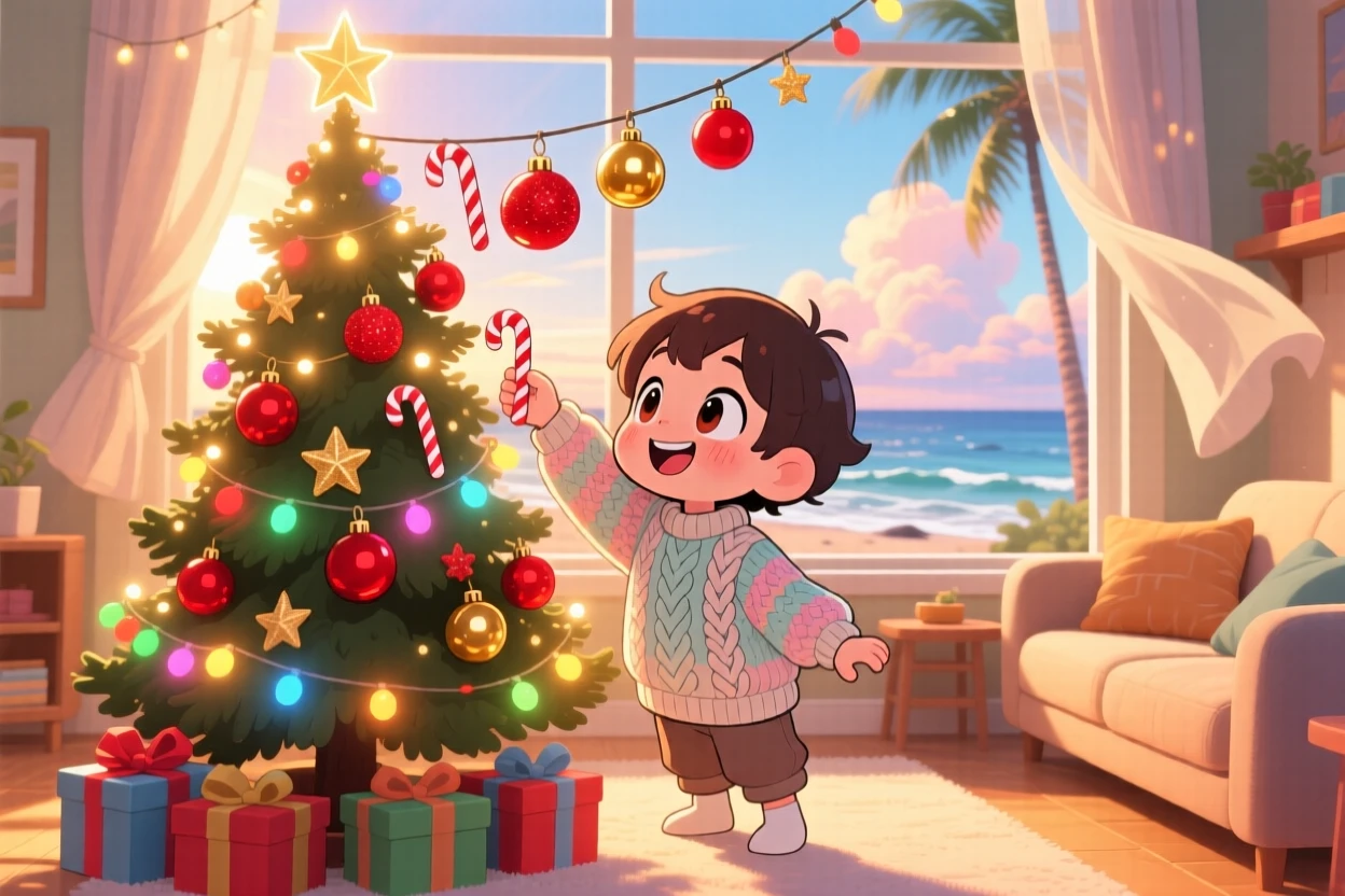 In a warmly lit living room, a small child in a knitted sweater is hanging ornaments on a glowing Christmas tree on a breezy coastal afternoon, bathed in rays of sunrise breaking through clouds, expression full of playful mischief. Shot as a full-body shot.