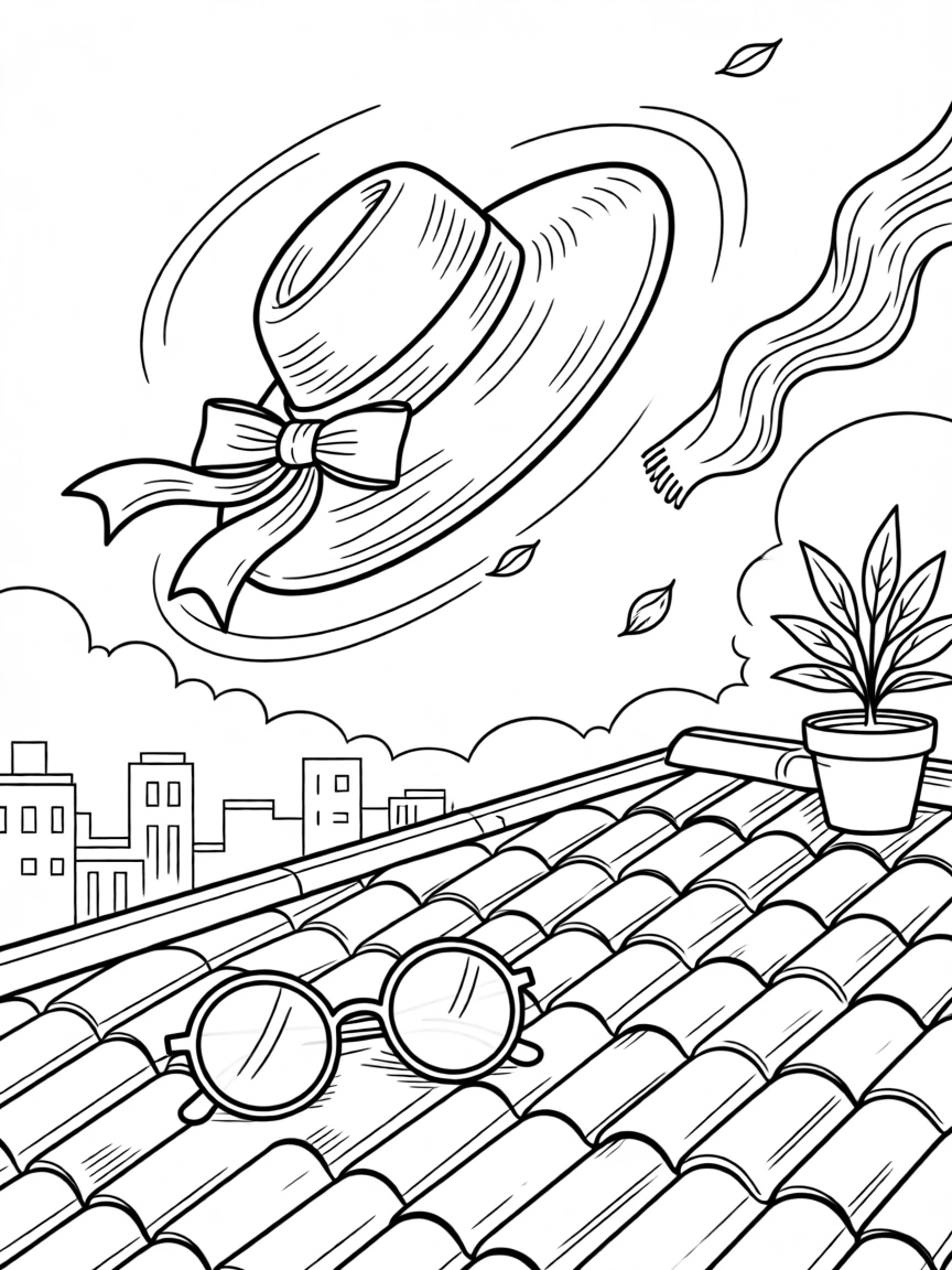 A wide-brim hat resting beside a pair of round sunglasses, captured mid-motion on a windy rooftop.
