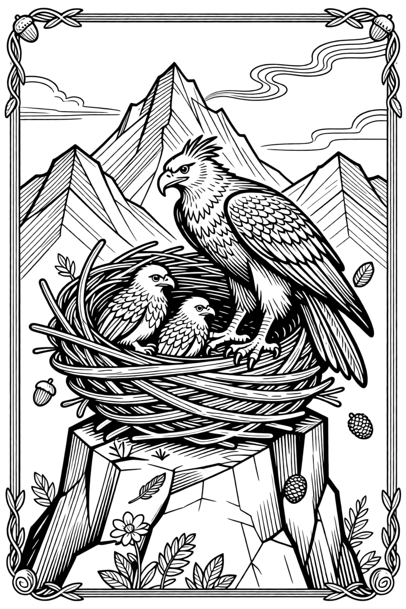 A griffin nest perched high on a mountain crag with hatchlings.