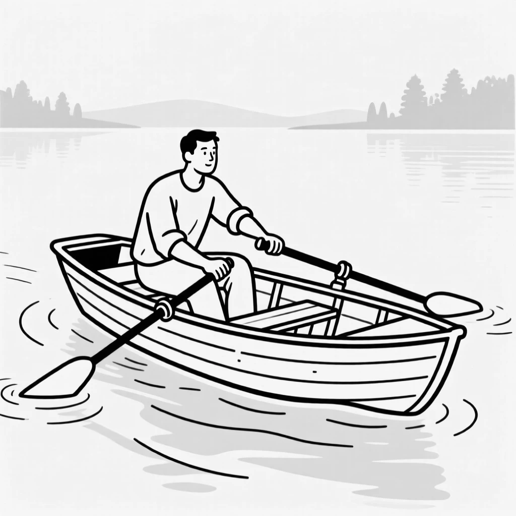 A man rowing a small boat across a calm lake