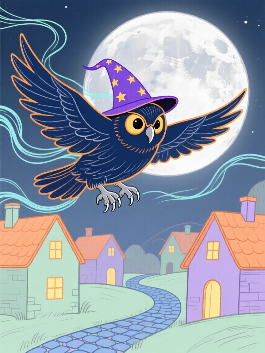 A wizard's owl messenger flying over a moonlit village.