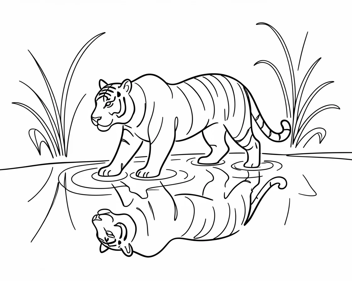 A tiger wading through a jungle stream, its reflection rippling in the water