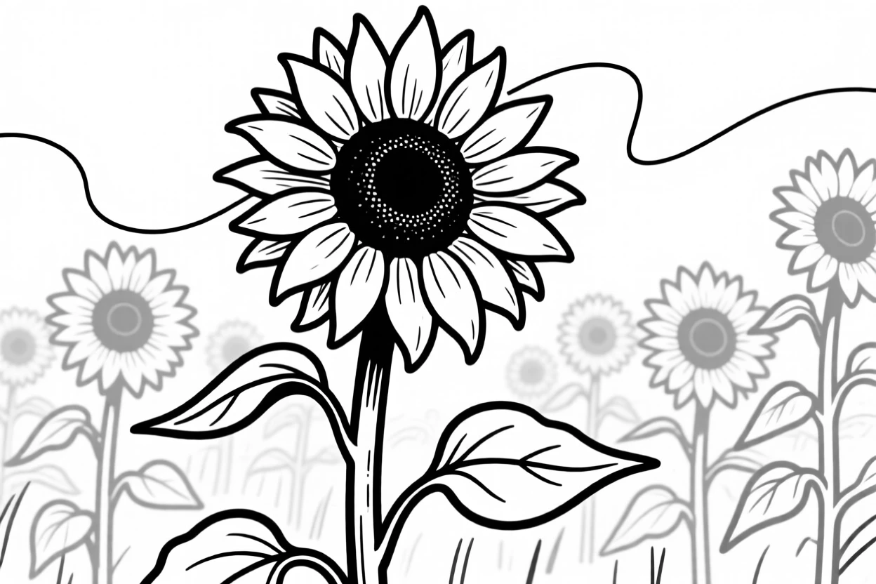 A towering sunflower field with one flower in sharp focus facing the viewer.