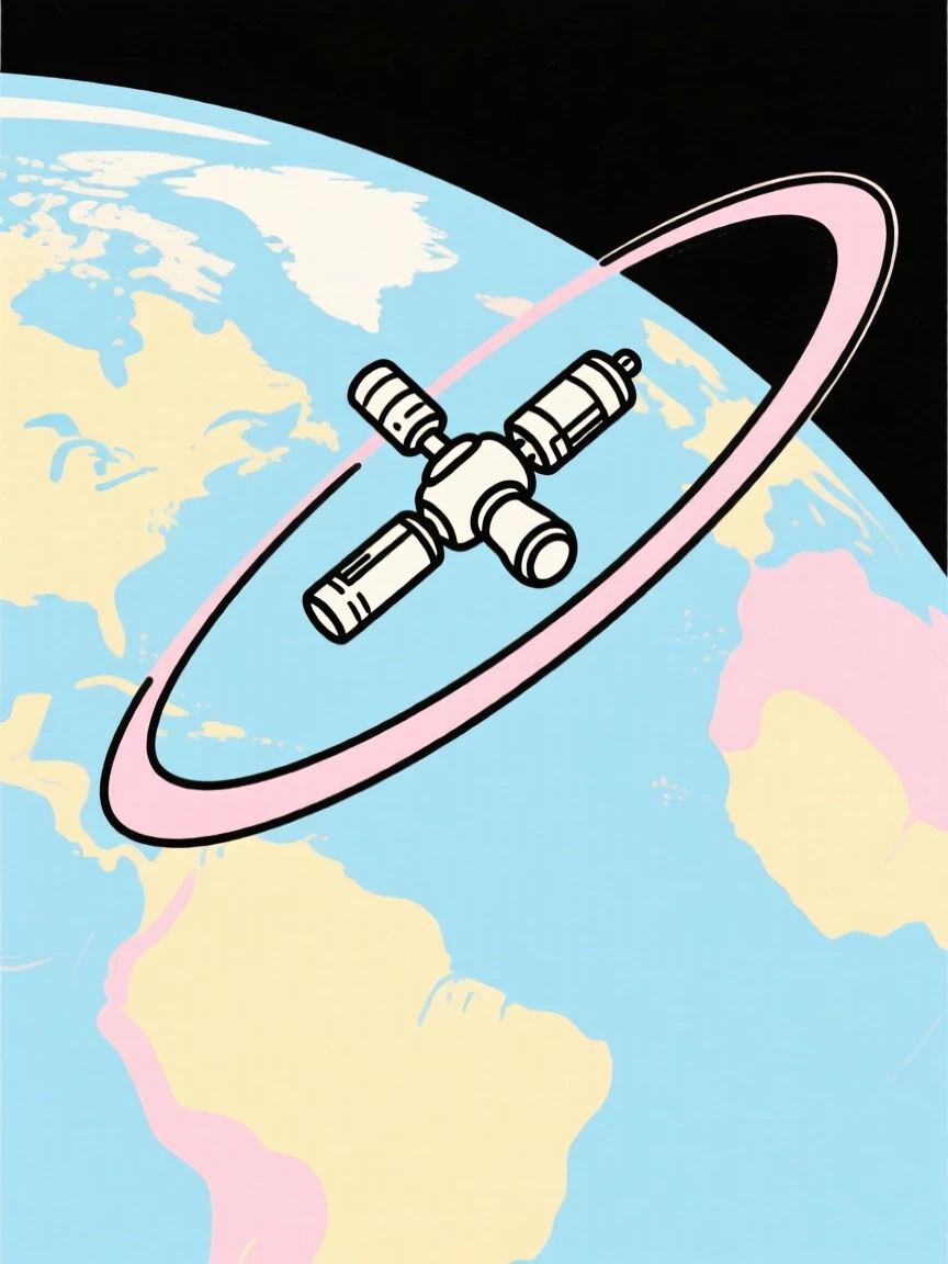 A space station orbiting quietly above the curve of the Earth.