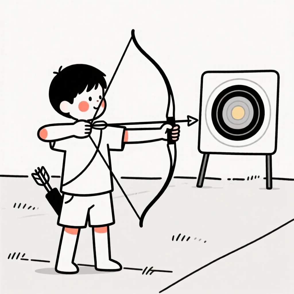 A young boy practicing archery at an outdoor range.