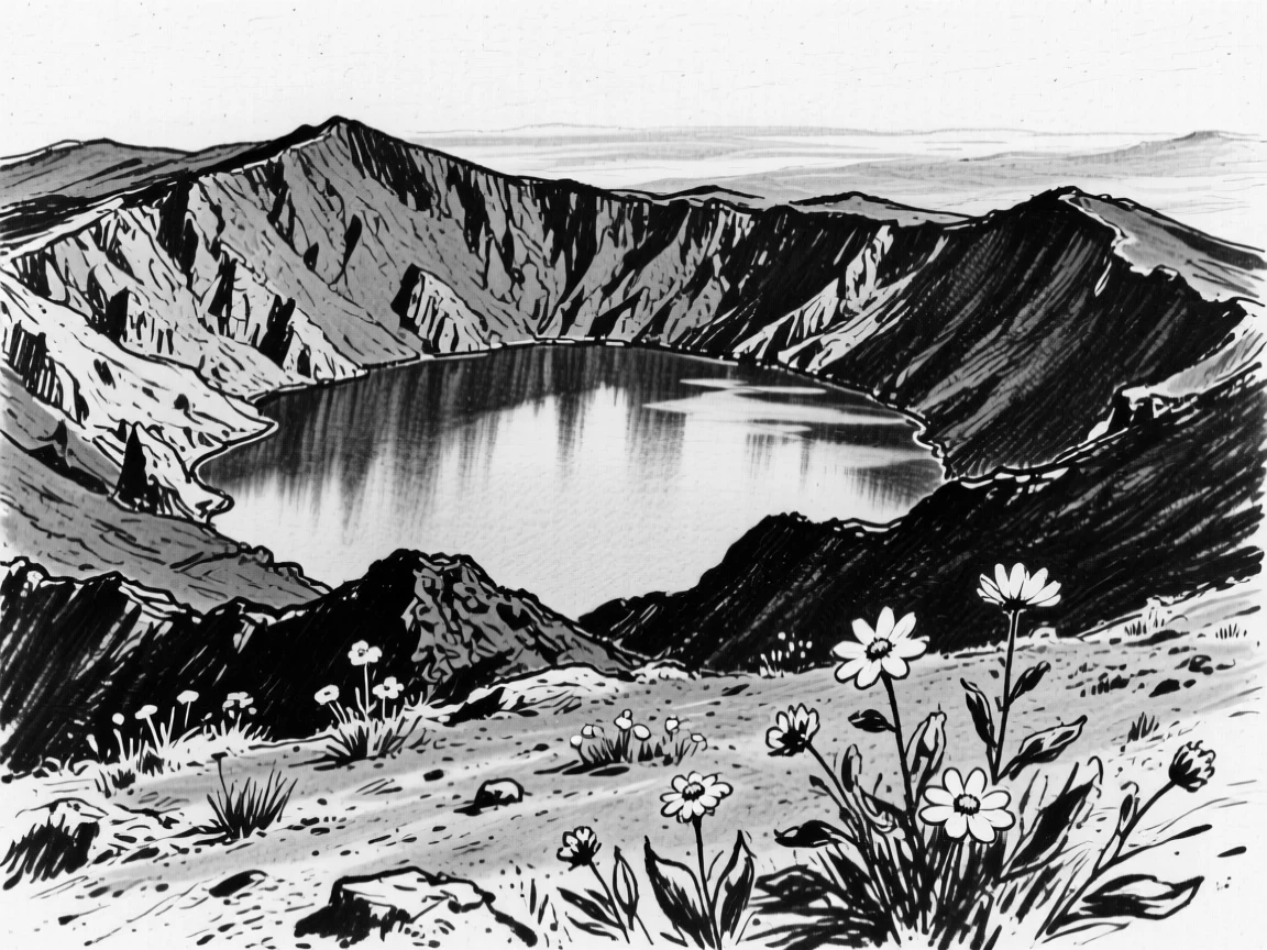 A volcanic crater lake with wildflowers scattered across the foreground.