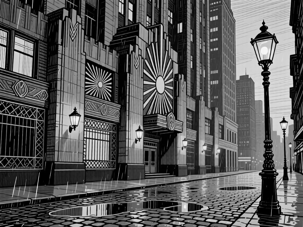 An art deco skyscraper facade with lanterns beginning to glow at dusk, featuring cobblestones glistening after rain, rendered in a warmly nostalgic architectural composition.