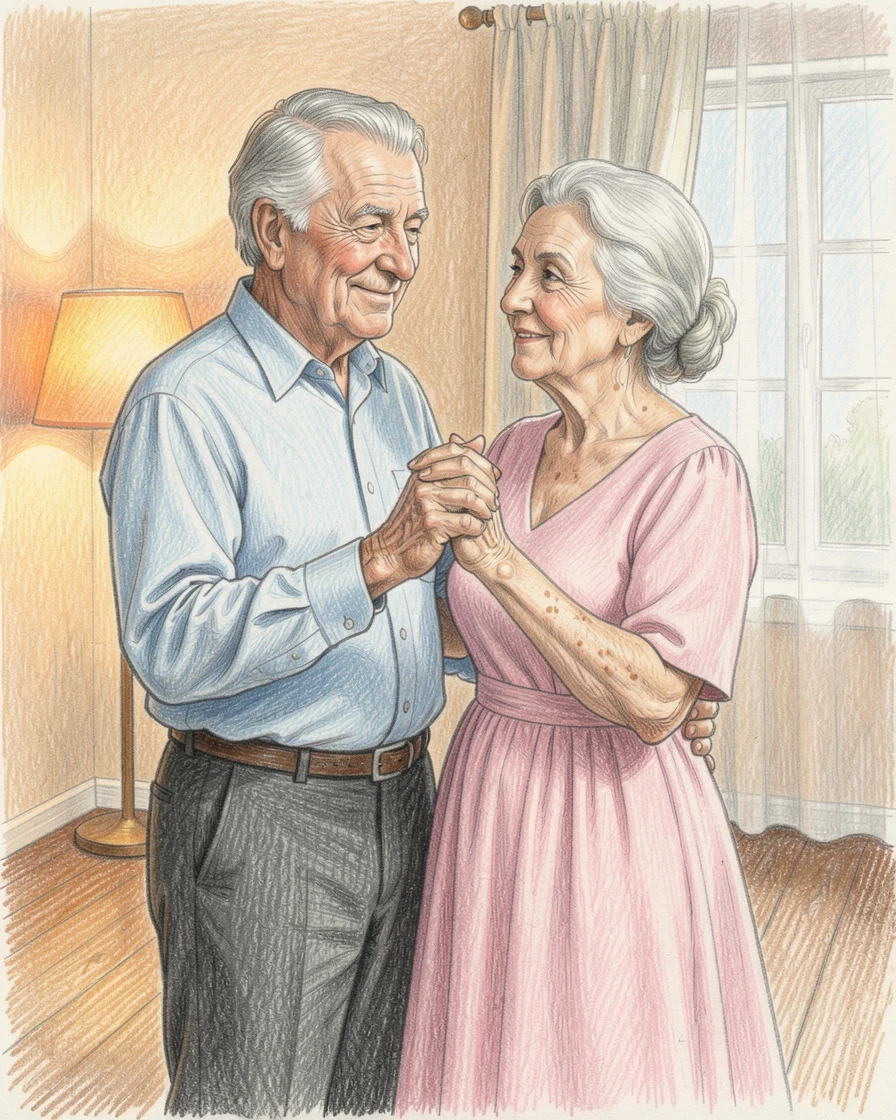 An elderly couple dancing slowly in their living room, with expressive detail in the eyes and gentle facial features, full of storytelling depth and quiet charm.