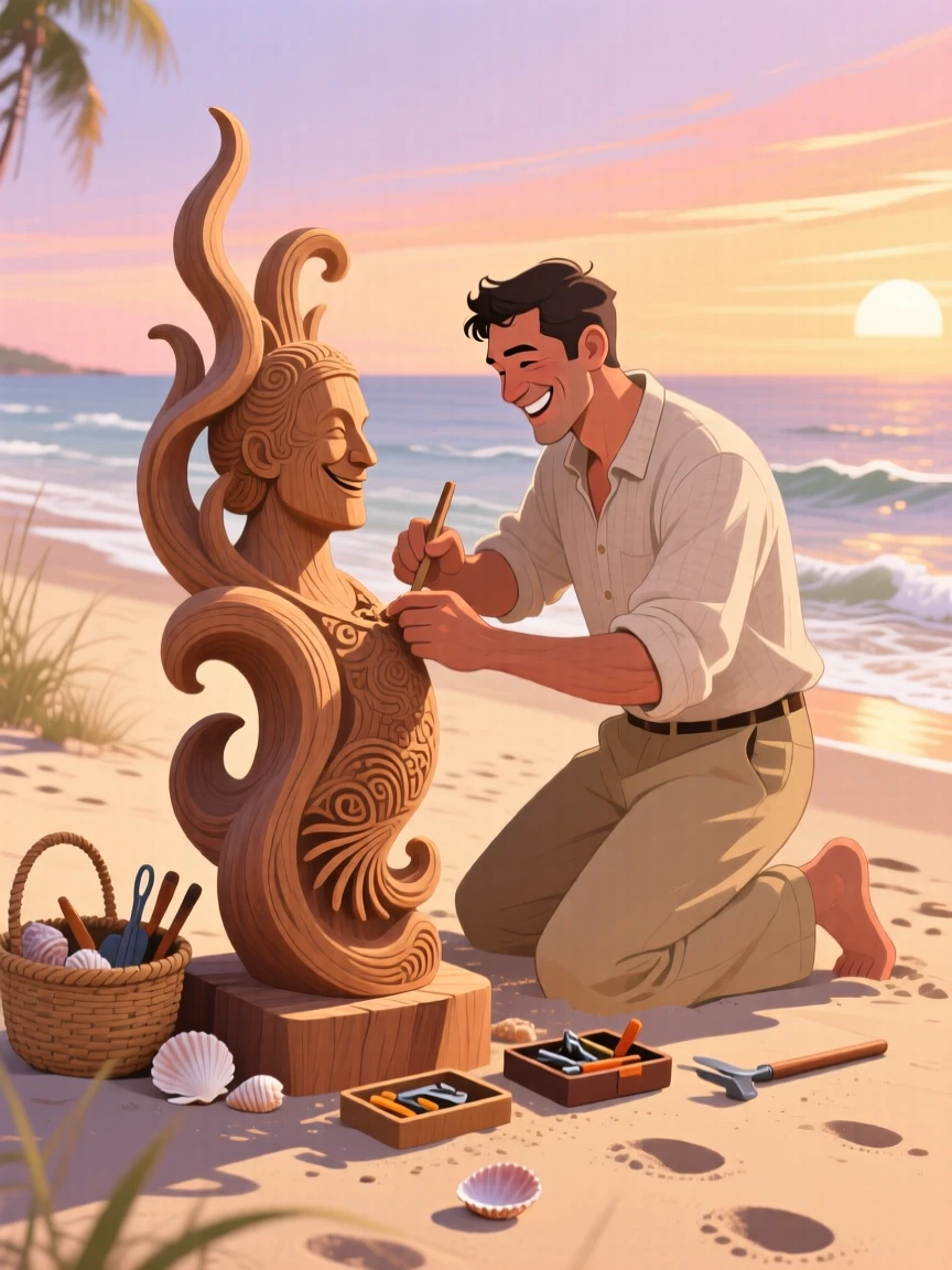 A craftsman carving intricate details into a wooden sculpture, on a quiet beach at golden hour, captured in a candid, joyful moment, with a sense of warmth and togetherness in every detail.