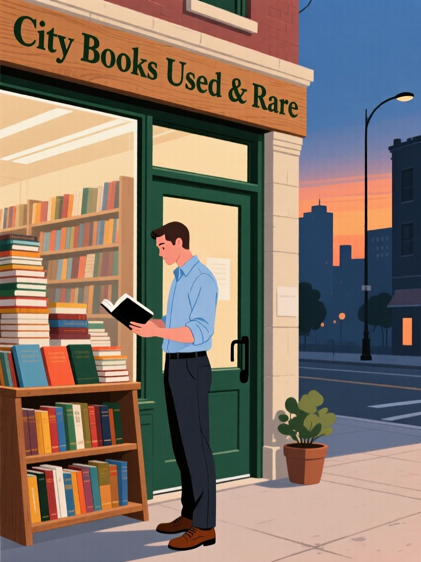 An office worker browsing a used bookstore on a quiet summer evening in the city.