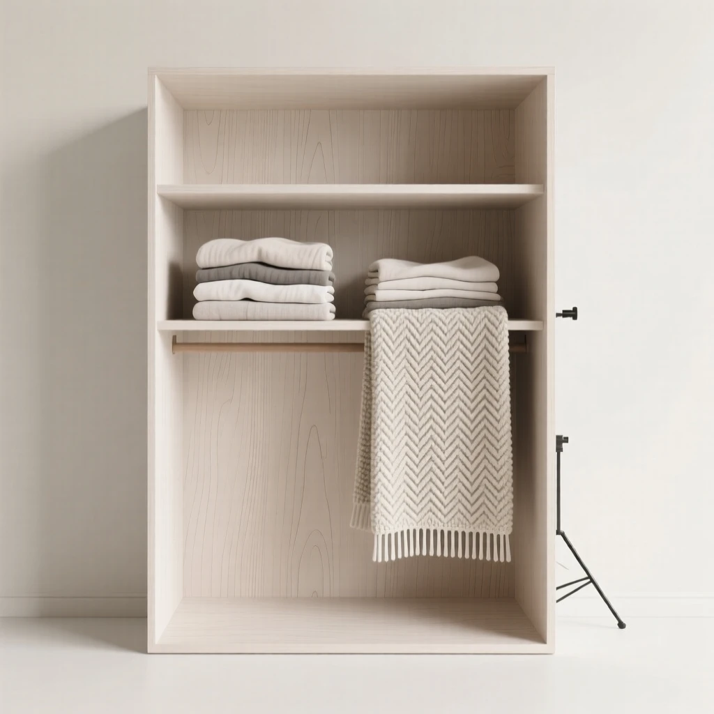 A cozy closet with folded clothes filled with a knitted throw, set in a minimalist studio, evoking gentle routine.