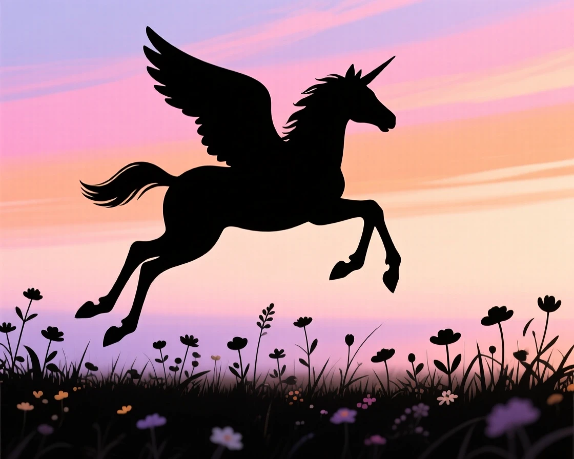 A pegasus foal taking its first uncertain flight above a flowering meadow.