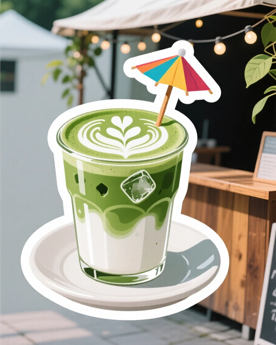 A perfectly plated cup of iced matcha latte with latte art, with a small flag or umbrella decoration on top, at an outdoor market stall.