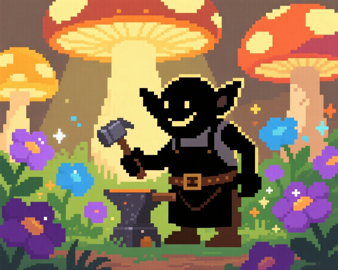 A cheerful goblin blacksmith tending a garden of enchanted flowers, beneath a canopy of glowing mushrooms.