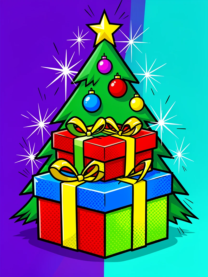 A stack of wrapped gifts tied with ribbon under a lit tree