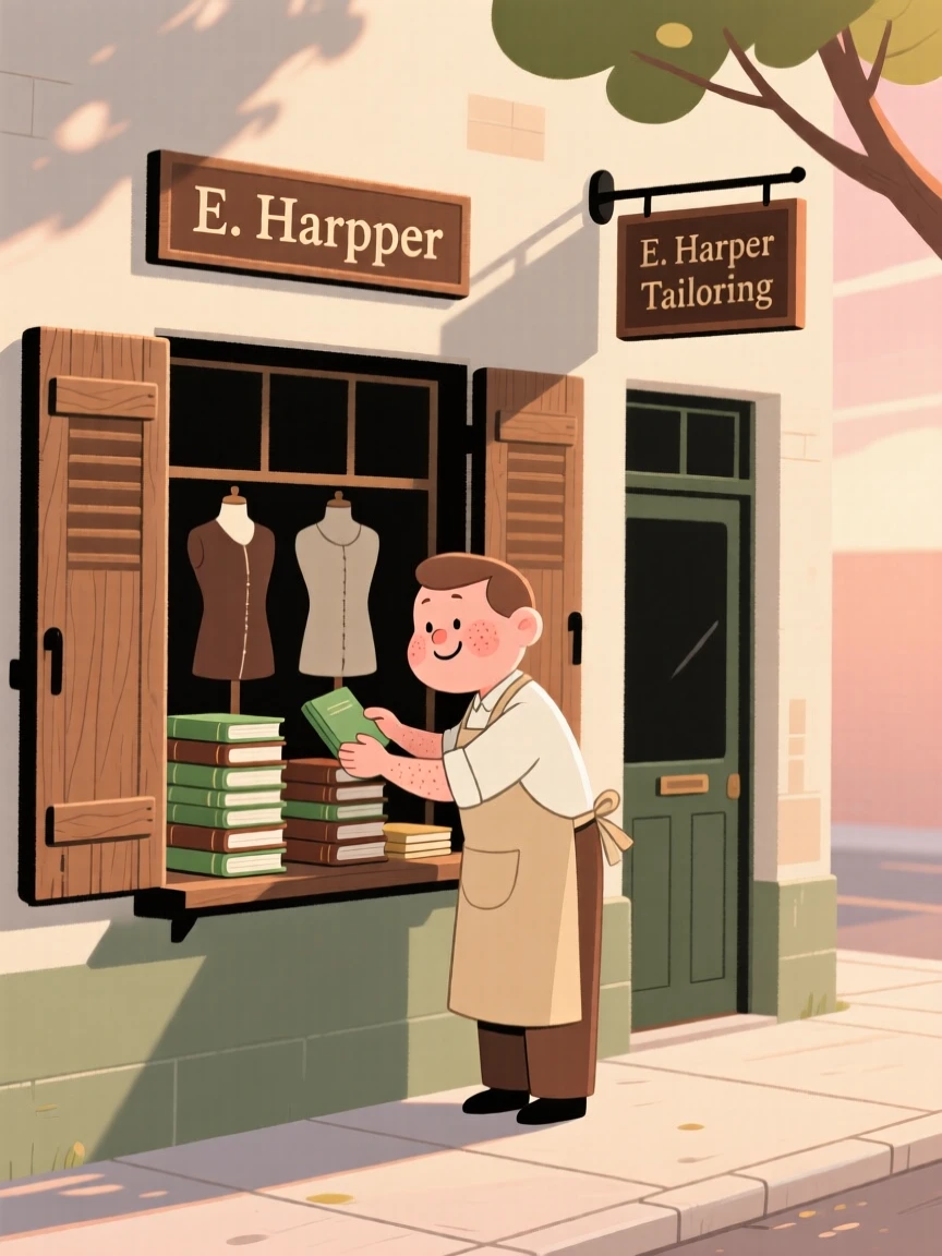 A baker opens the shutters of a small tailor's shop at dawn, arranging stacks of new books in the window as sunlight creeps across the sidewalk.