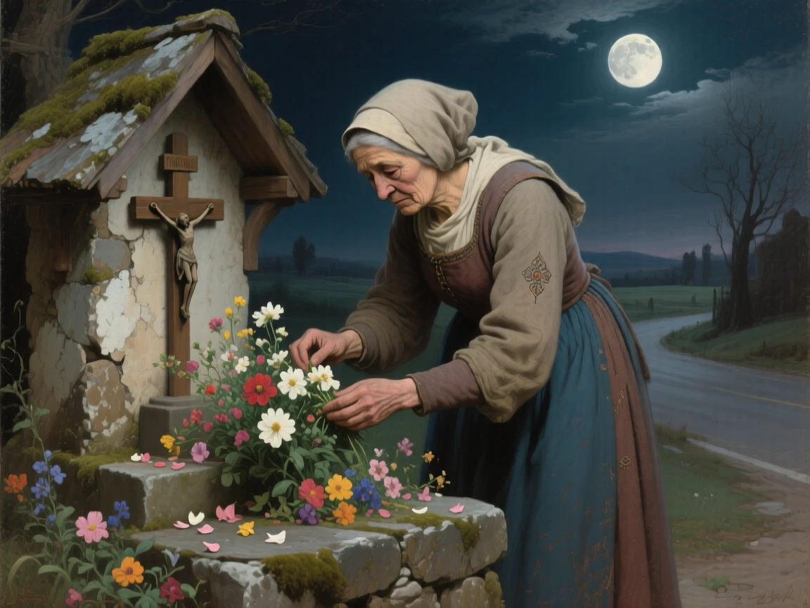 A detailed close shot of a widow tending flowers at a small roadside shrine, under a full moon, in medieval times.