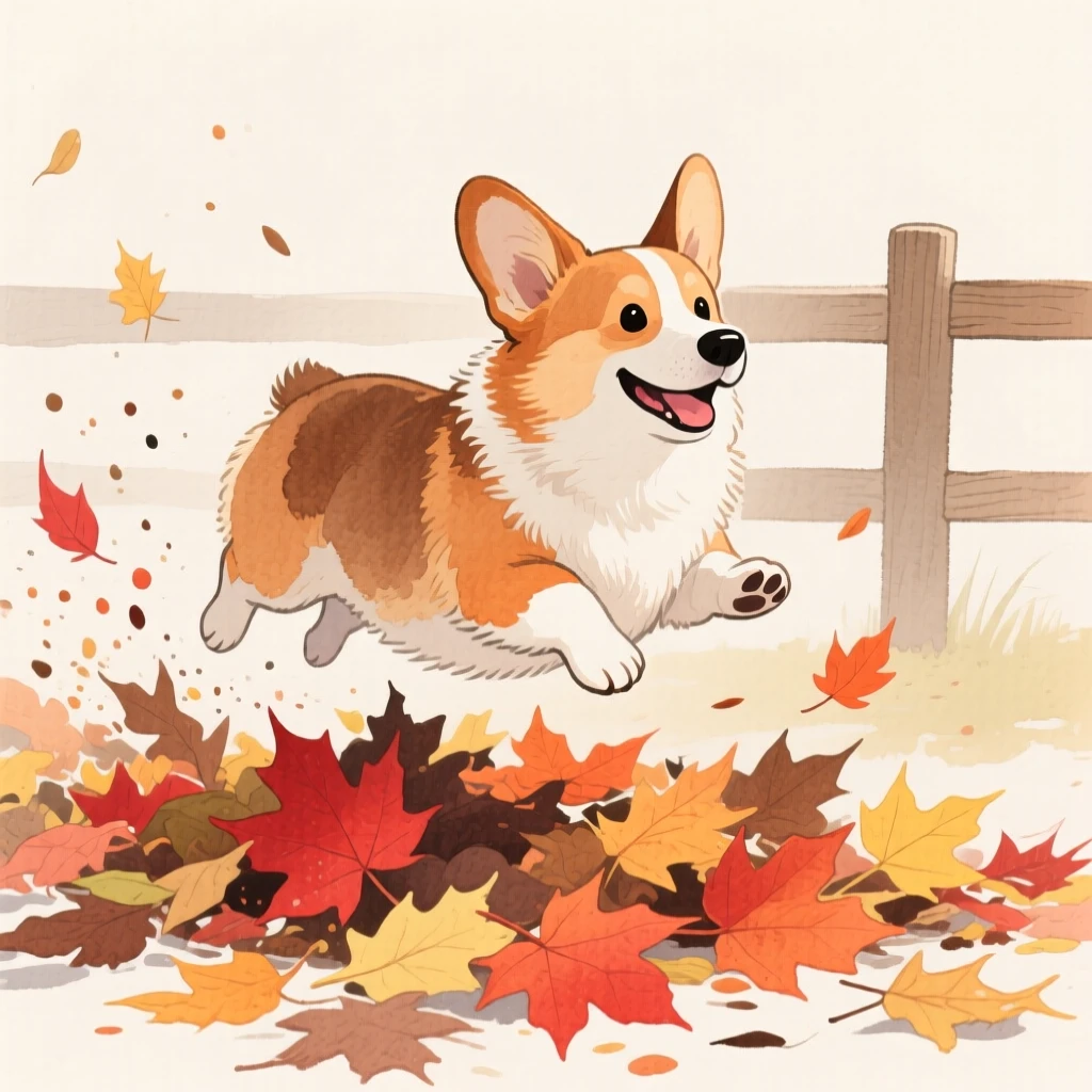 A corgi with short legs bounds joyfully through a pile of autumn leaves, scattering them into the air behind a wooden fence