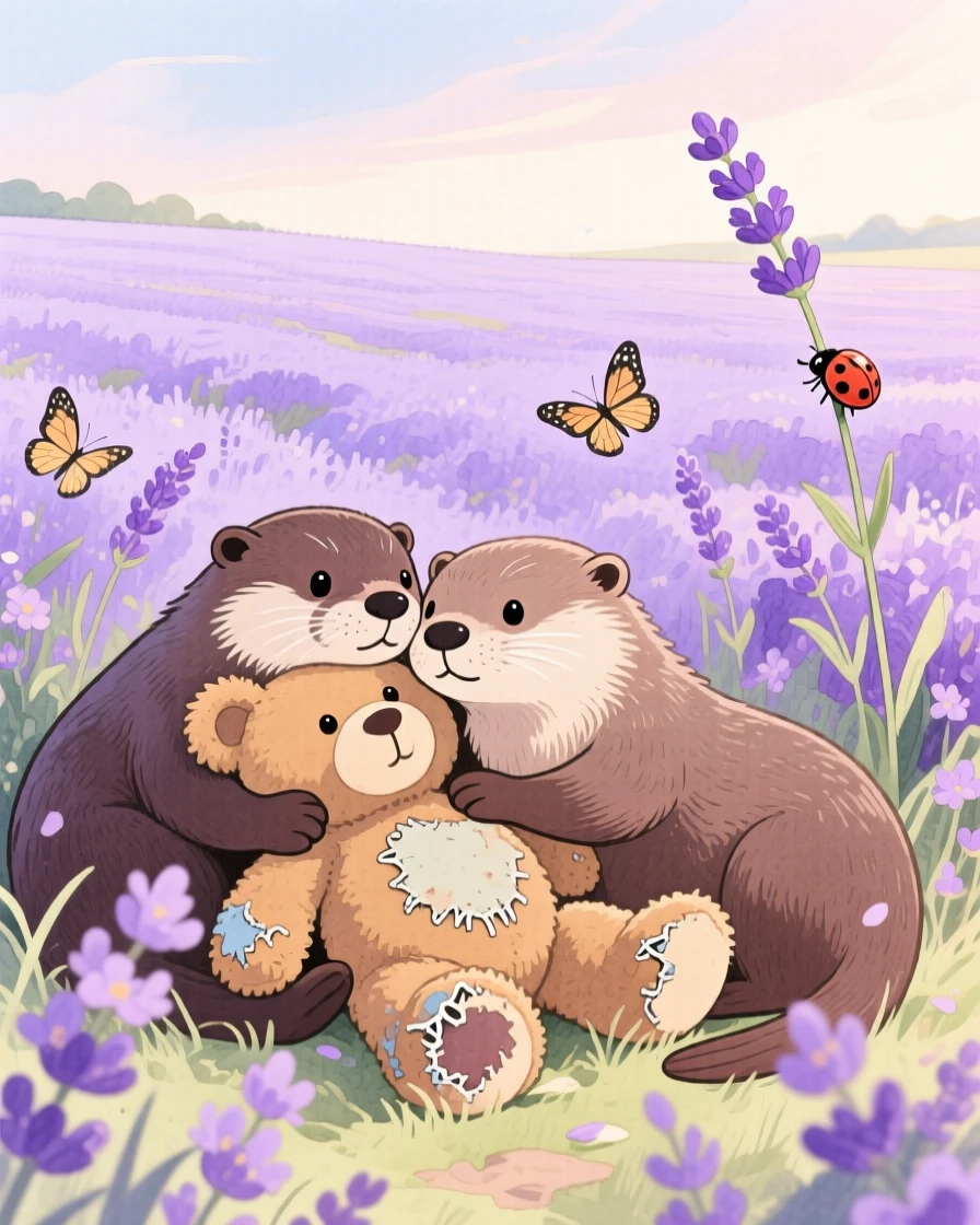 A pair of otters resting its head on a favorite worn-out teddy bear, set in a lavender field stretching to the horizon, full of playful curiosity.