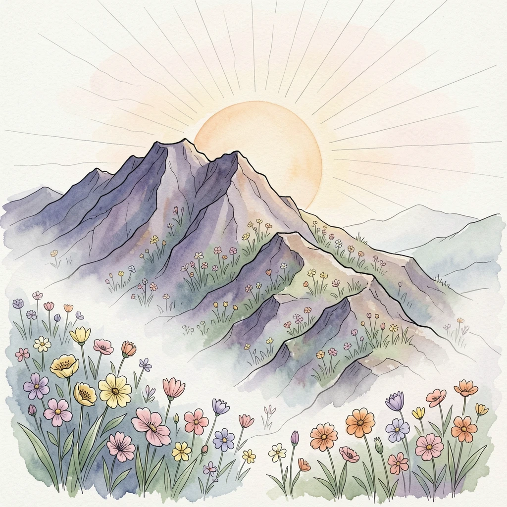 A volcanic hillside covered in wildflowers after a spring rain, a soft mist clinging to the low ground as the sun begins to rise.