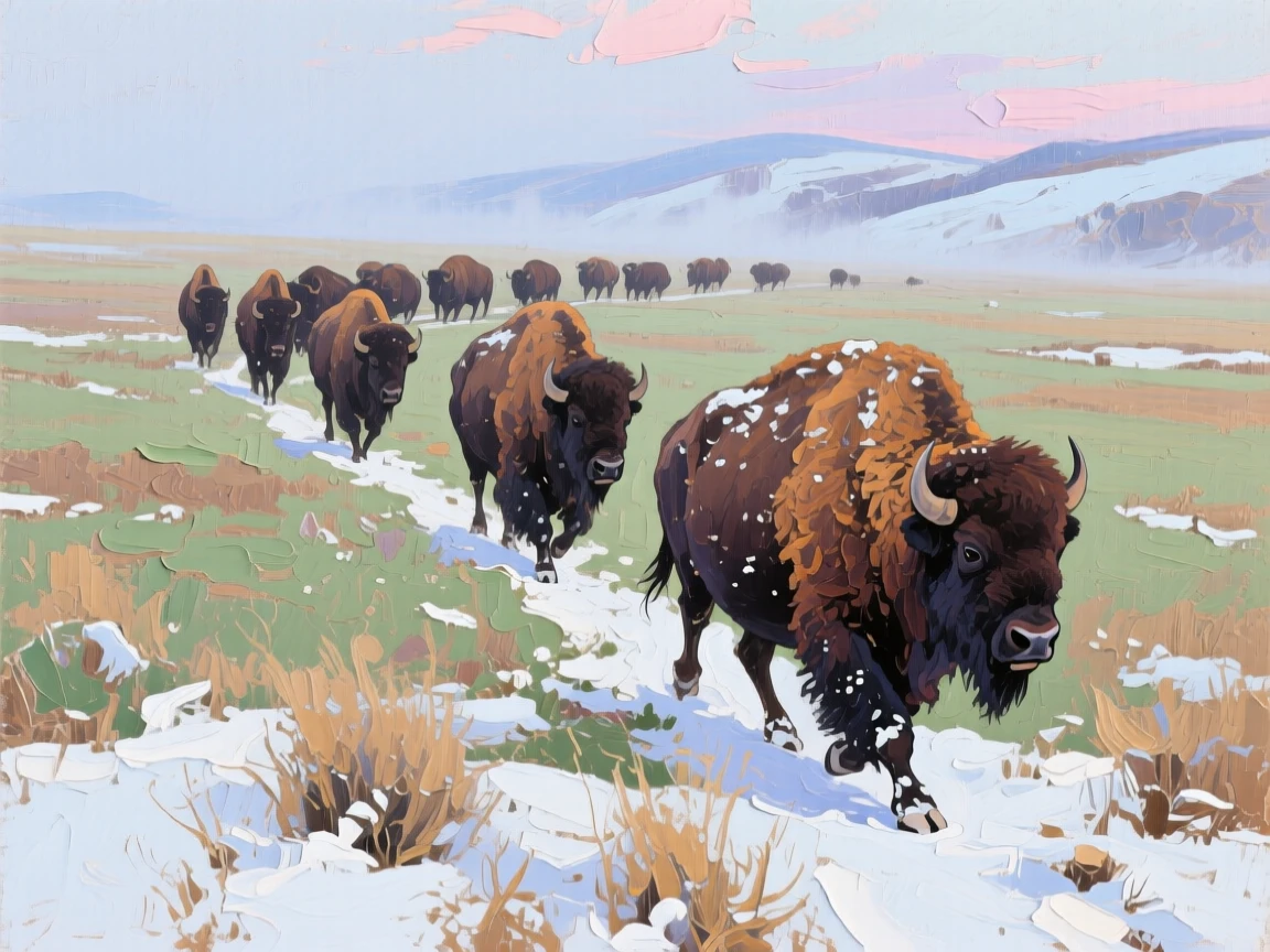 a herd of bison crossing a broad prairie, after a gentle snowfall, composed along a natural leading line.
