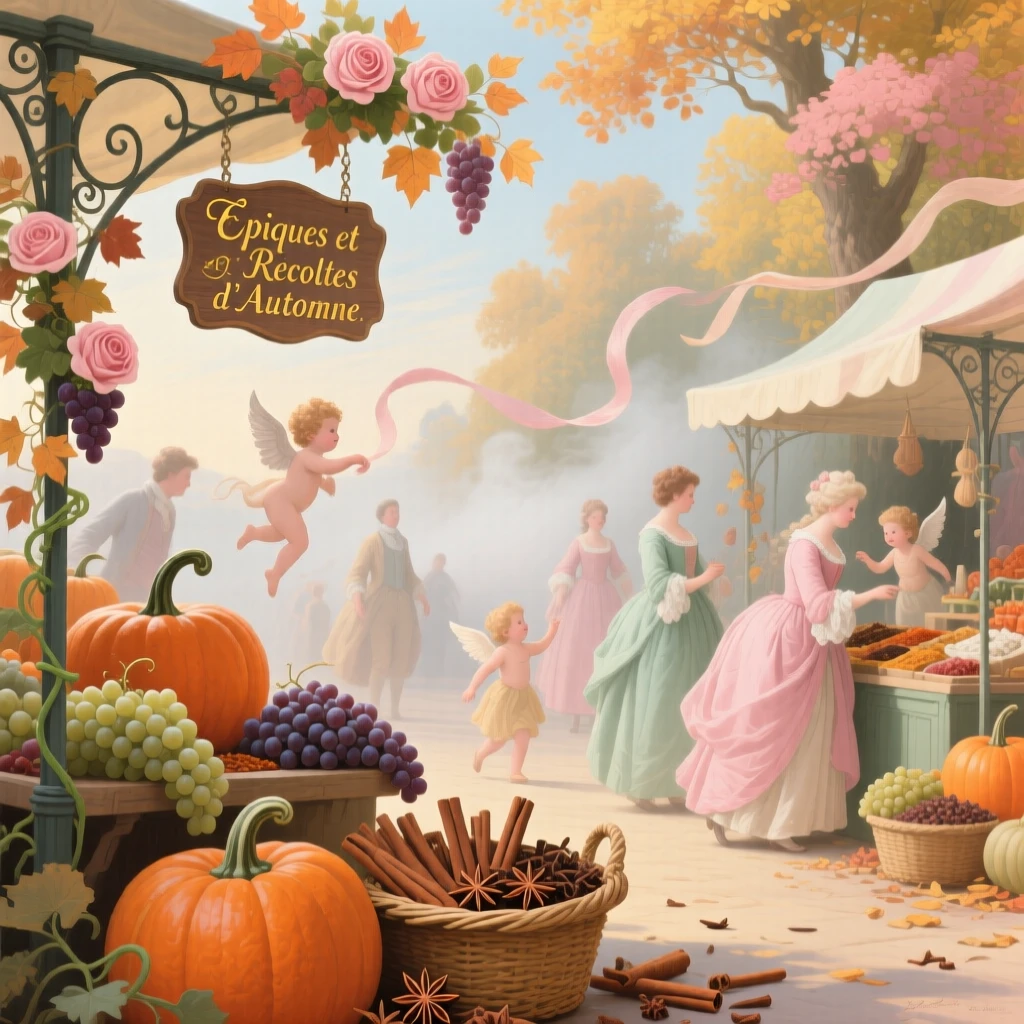 An autumn marketplace selling pumpkins, grapes, and fragrant spices  
