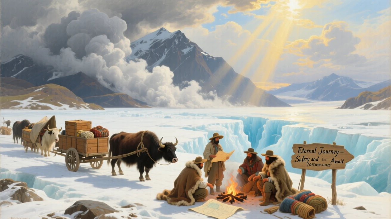 A caravan of traders rests upon a glacier gleaming in the sun as an avalanche of cloud rolls past.