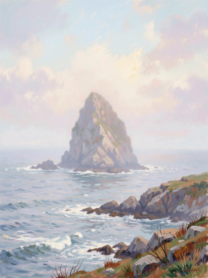 A remote sea stack rising from misty waters off a rugged northern coastline.
