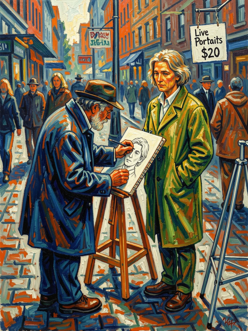 A street artist sketching a passerby's portrait with quick, confident strokes.