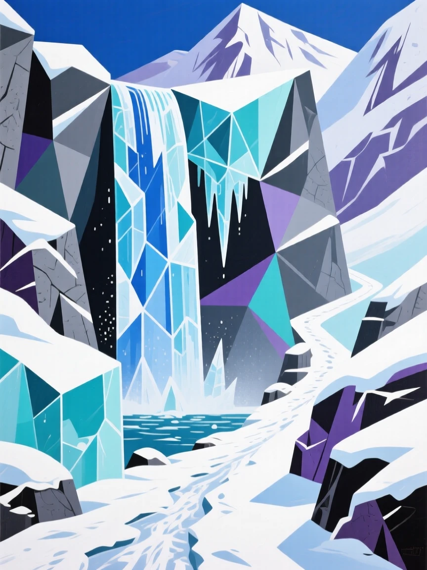 A frozen waterfall suspended in crystalline ice along a snowy mountain trail.