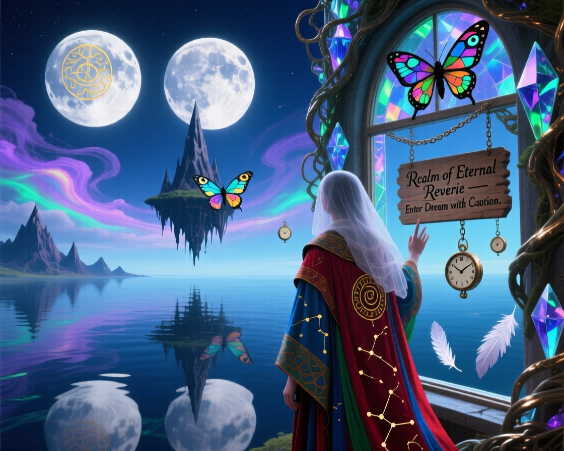 Twin moons rising together over a silent, glassy sea hangs silently over a sleeping world below, while a lone traveler watches from an open window.