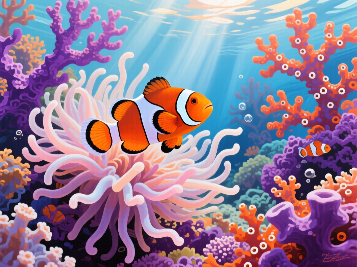 A vibrant coral garden teems with clownfish darting between the swaying tentacles of a sea anemone, brilliant purple and orange coral formations surrounding the scene, its posture alert yet relaxed, fully at ease within its natural surroundings.