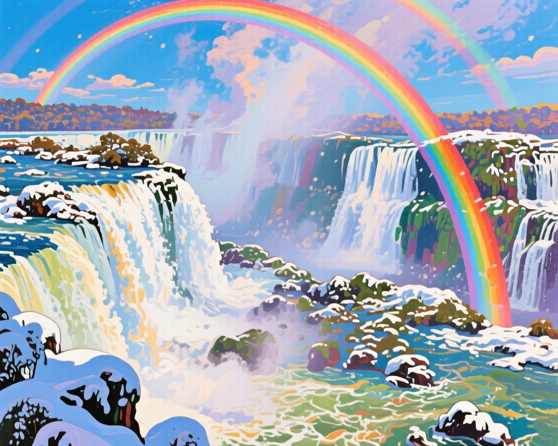 Iguazu Falls thundering with rainbow mist rising, under a rare double rainbow, snow dusting every surface