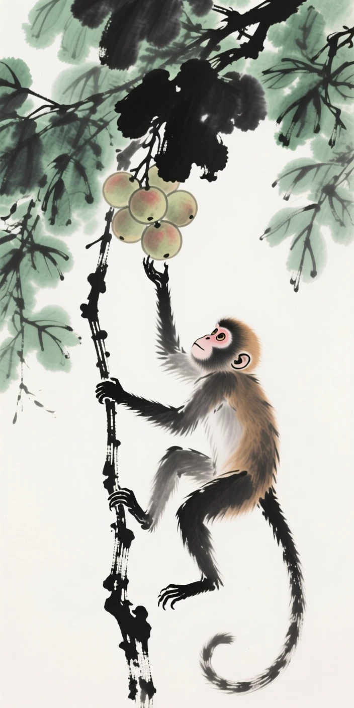 A monkey reaches for fruit hanging from a high branch, beneath a canopy of dense green leaves.
