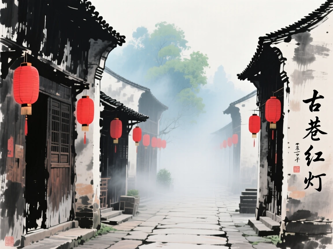 A row of red lanterns hanging along an old village lane, at midday, through swirling morning fog, radiating gentle serenity.