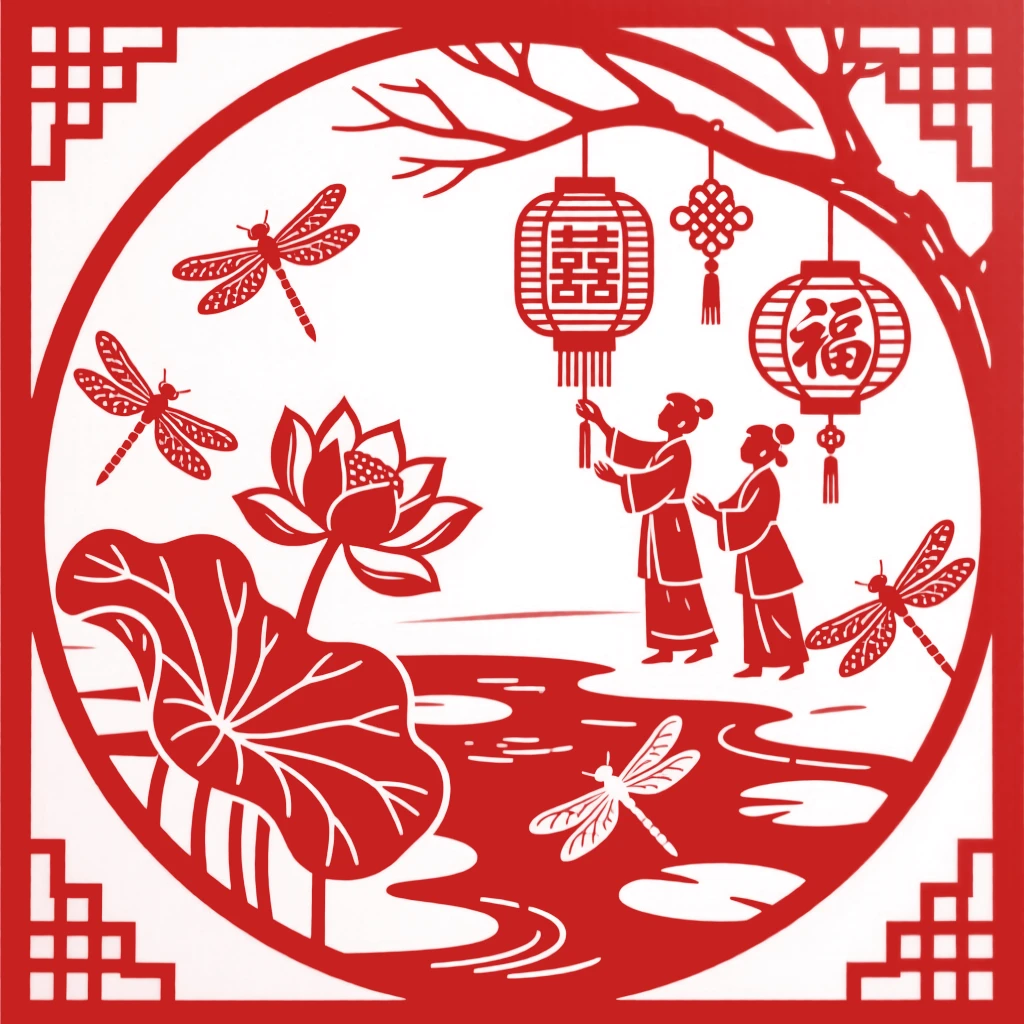 A Winter scene of a lotus pond alive with dragonflies, lanterns being hung in preparation for the evening.