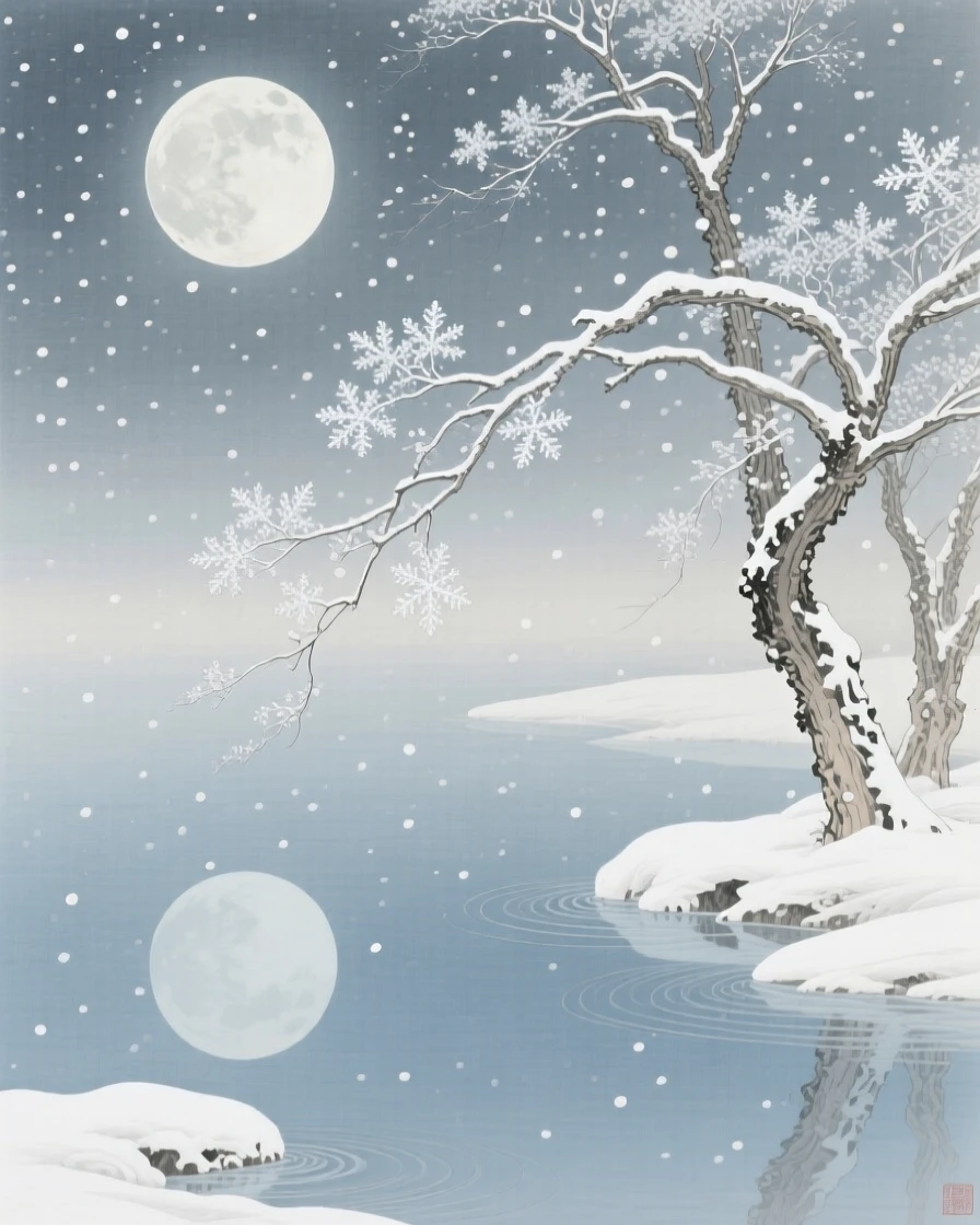 Snow falling silently under a pale winter moon, reflected perfectly in the still water below